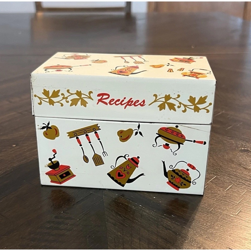 Vintage 1950s Metal Recipe Box Retro Kitchen Decor Kitsch MCM Made USA Ohio Art